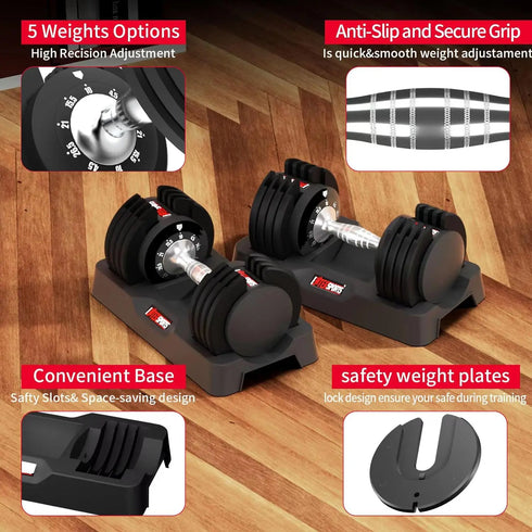 Space-Saving Adjustable Dumbbell Set - Quick Adjustment, Non-Slip Handle, 5 Weight Settings