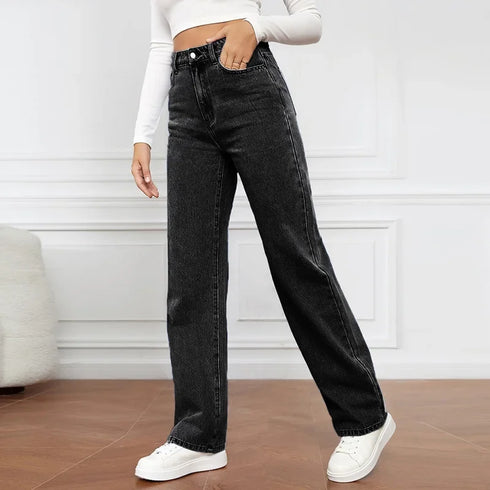 Women's High-Waisted Loose-Fit Straight-Leg Coated Jeans – Ankle-Length Winter Denim