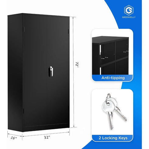 72" Black Metal Storage Cabinet with Locking Doors and 4 Shelves - Steel Lockable File Cabinet