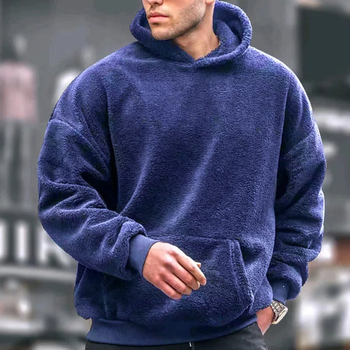 Men's Casual Loose Fit Hooded Hoodie - Solid Knit Polyester for Winter