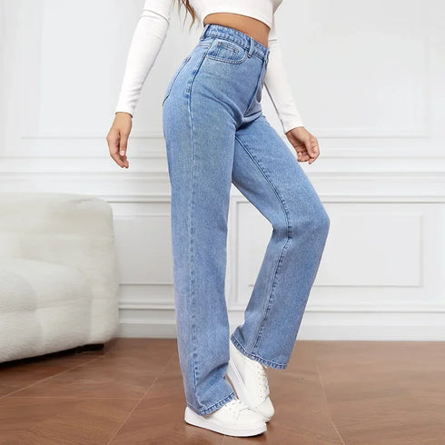 Women's High-Waisted Loose-Fit Straight-Leg Coated Jeans – Ankle-Length Winter Denim