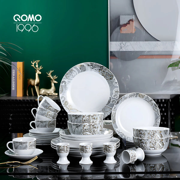 14/28-Piece Porcelain Dinnerware Set – Ceramic Plates, Bowls, Discs & Mugs, Chip-Resistant On-Glazed Dish Set, Eco-Friendly Dinnerware for 4