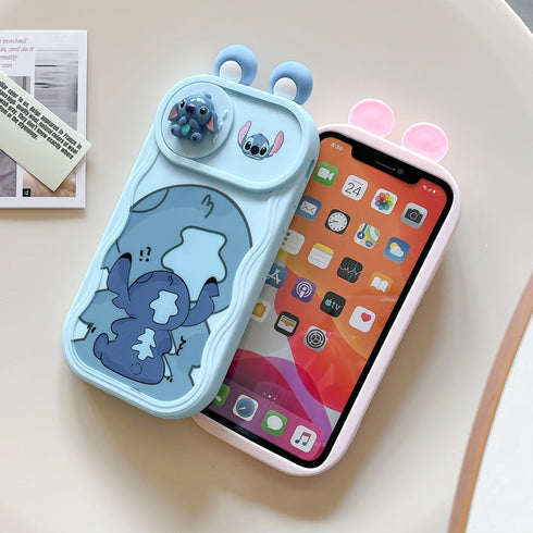 3D Ears Cartoon Sliding Camera Case | Stitch, Mickey, Minnie, Winnie Bear Design for iPhone 11-16 Pro Max, XR, XS, and More