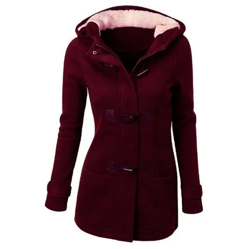 Women’s Hooded Cotton Winter Coat - Classic Cow Horn Button Jacket with Leather Buckle for Timeless Style