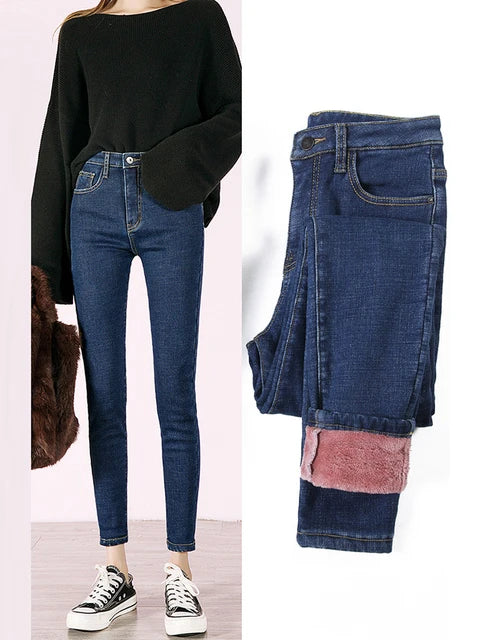 Women's High-Waisted Skinny Jeans – Thick Denim Pencil Pants for Winter