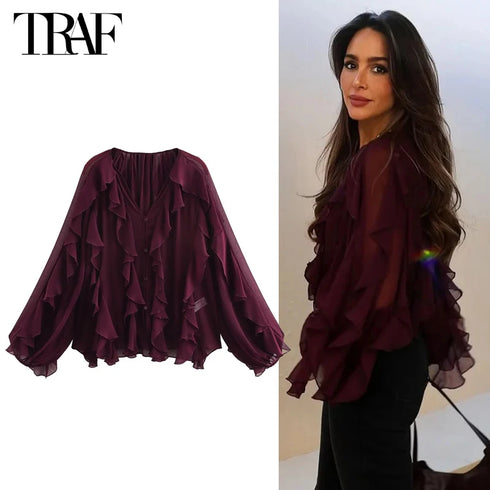 TRAF Women’s Ruffled V-Neck Chiffon Blouse – Long Sleeve Semi-Sheer Mori Girl Style Top with Butterfly Sleeves and Loose Fit – Spring/Summer 2025 Casual Fashion for Ladies