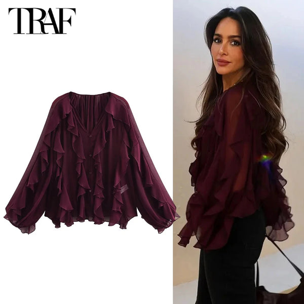 TRAF Women’s Ruffled V-Neck Chiffon Blouse – Long Sleeve Semi-Sheer Mori Girl Style Top with Butterfly Sleeves and Loose Fit – Spring/Summer 2025 Casual Fashion for Ladies