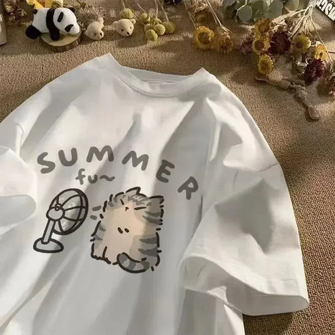 2024 Summer Relaxed Tshirt-Short Sleeve Creative Cat Top Tee