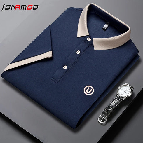 Men’s Casual Knit Polo Shirt – Anti-Wrinkle Polyester, Short Sleeve, Embroidered Detail