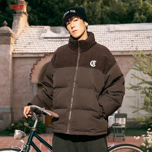 Unisex Corduroy Embroidered Winter Parka – Thick Down Cotton Jacket for Casual Streetwear