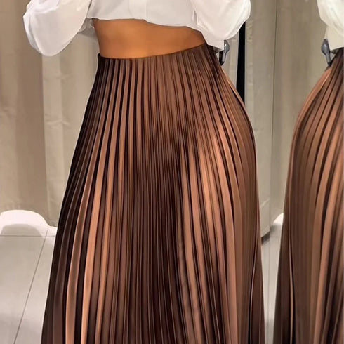 Women's Ruffle Pleated Midi Skirt - Elegant Brown Cylinder Pleat Mid-Waist High Street Fashion for All Seasons (2025 Edition)