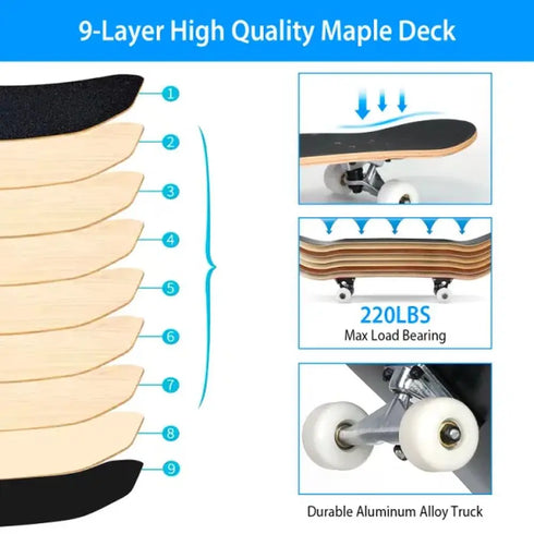 31" x 8" Complete Skateboard - 9Ply Maple and Concave Design Skateboards, Ideal for Beginners
