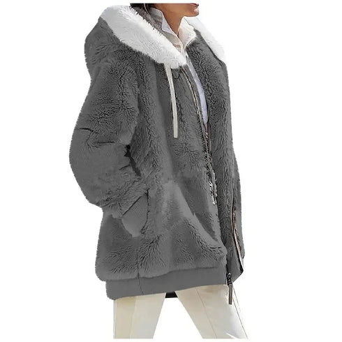 Women's Thick Cashmere & Polyester Hooded Jacket – Streetwear Style for Winter