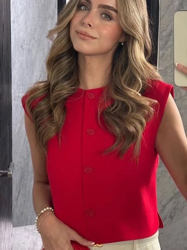 TRAF Women’s Korean-Inspired Solid Color Sleeveless Vest Top – Casual Regular-Length Tank Style Cardigan in Red, White, and Black with Non-Stretch Broadcloth Fabric for Junior Wardrobe