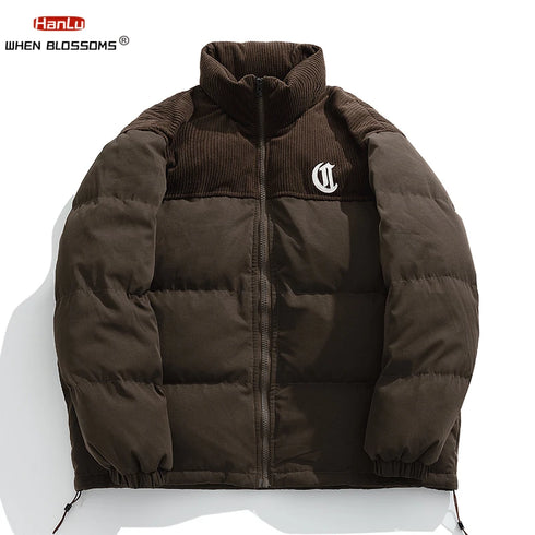 Unisex Corduroy Embroidered Winter Parka – Thick Down Cotton Jacket for Casual Streetwear