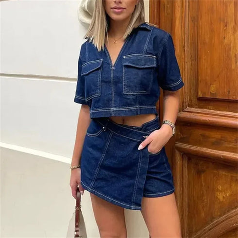 TRAF Summer 2024 Women’s Blue Cropped Denim Shirt – Short Sleeve Turn-Down Collar Streetwear Blouse with Lace Closure and Pocket Detail – Lightweight Y2K-Inspired High Street Casual Top