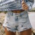 Women Solid Hole Denim Shorts-High Waist Shorts