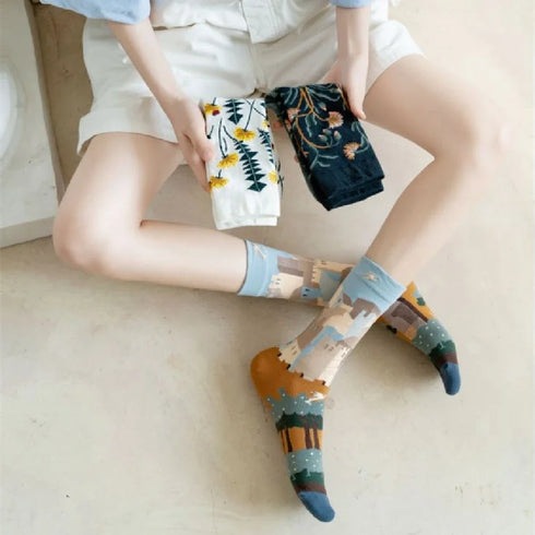 Flame Pattern Crew Socks for Men & Women - Cotton Blend Breathable Casual Socks, Anti-Friction, Sweat-Absorbing, Winter Warm Comfort