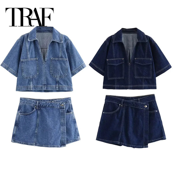 TRAF Summer 2024 Women’s Blue Cropped Denim Shirt – Short Sleeve Turn-Down Collar Streetwear Blouse with Lace Closure and Pocket Detail – Lightweight Y2K-Inspired High Street Casual Top
