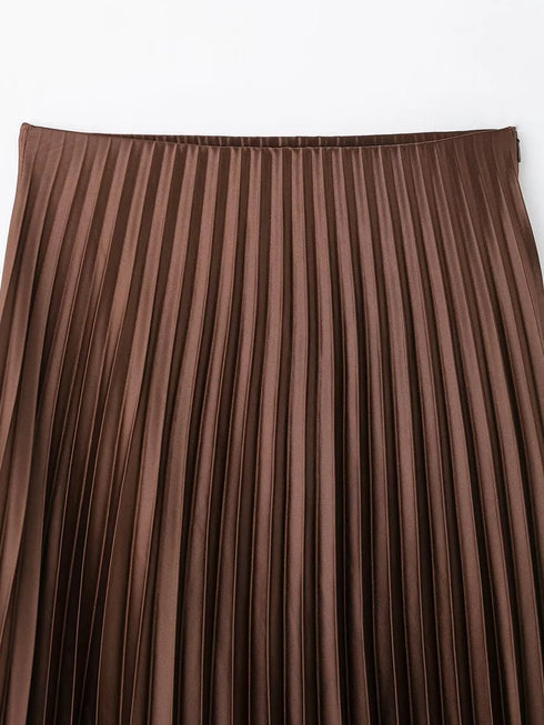 Women's High-Waist Pleated Satin Maxi Skirt - Elegant Long Skirt for Spring/Summer 2025