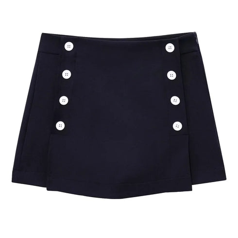 Women's Asymmetrical High-Waist Skort - Elegant Blue and White Buttoned Skirt Shorts for Summer High Street Fashion (2025 Edition)