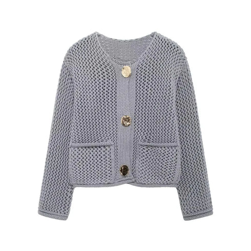 Women’s Casual Knitted Cardigan – Long Sleeve Button-Down Sweater with Slight Stretch, Regular Fit, Short Length, Solid Color, High Street Fashion for Winter –