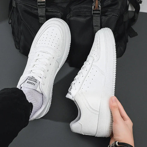 White Leather Sneakers for Men-Casual Lightweight Flat Shoes