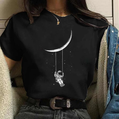 90s Girl Moon Print T Shirt for Women-Casual Tee Shirt