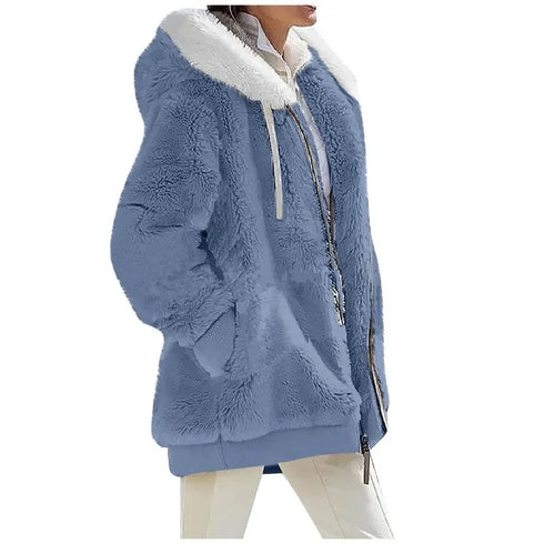 Women's Thick Cashmere & Polyester Hooded Jacket – Streetwear Style for Winter