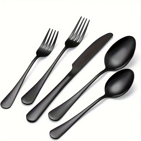 60-Piece Black Stainless Steel Silverware Set – Flatware for 12, Modern Cutlery Set with Forks, Knives, Spoons, Dishwasher Safe