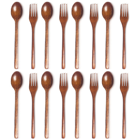 8-Piece Eco-Friendly Wooden Cutlery Set – Natural Wooden Soup Spoons & Forks for Dinnerware, Solid Pattern