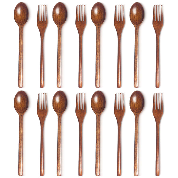 8-Piece Eco-Friendly Wooden Cutlery Set – Natural Wooden Soup Spoons & Forks for Dinnerware, Solid Pattern
