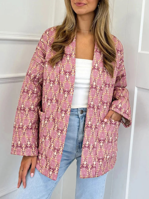 Vintage Print Women's Quilted Winter Jacket – Open Front Long Sleeve Cardigan Coat with Pockets – Casual Polyester Outerwear