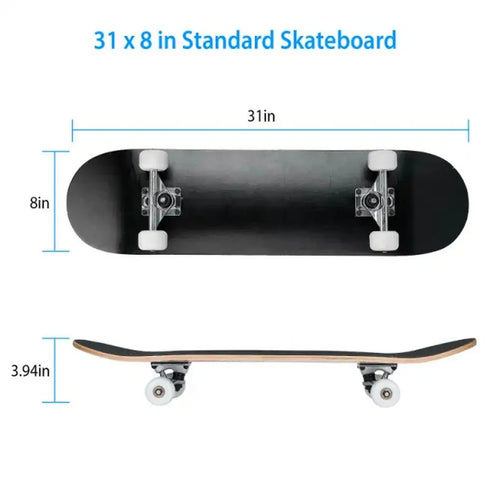 31" x 8" Complete Skateboard - 9Ply Maple and Concave Design Skateboards, Ideal for Beginners
