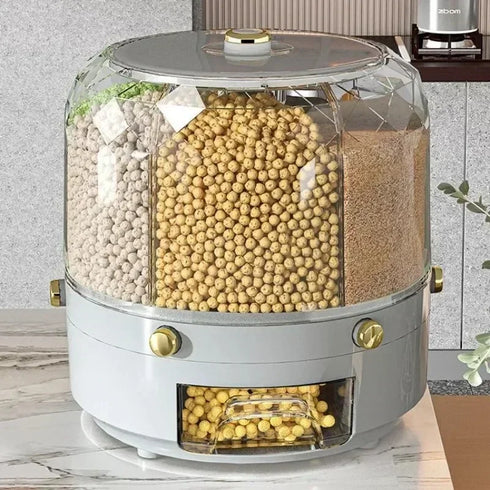 360° Rotating Rice Dispenser – Sealed Moisture-Proof Cereal & Grain Storage Container, 6-Compartment Kitchen Organizer for Dry Foods