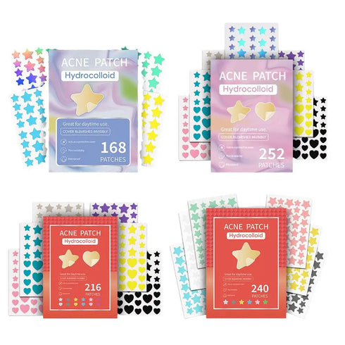 Acne Patch Combo – Hydrocolloid Spot Treatment Stickers for Blemishes, Pimples, and Acne Care – Mixed Shape Patches in Heart and Star Designs – 168 to 252pcs