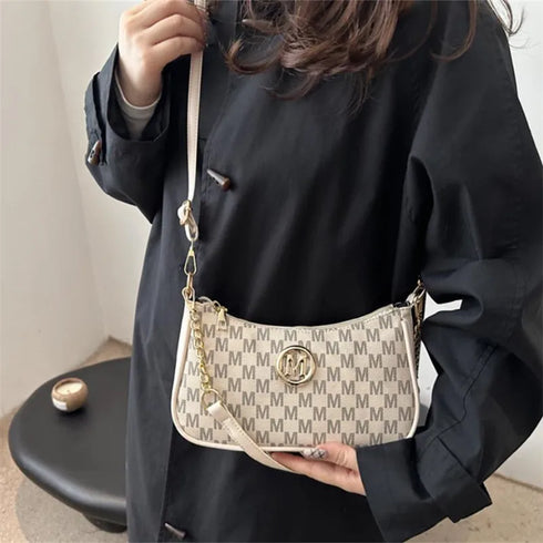 Vintage PU Leather Crossbody Handbag with Gold “M” Letter – Women’s Shoulder & Messenger Bag