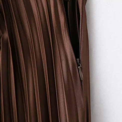 Women's Ruffle Pleated Midi Skirt - Elegant Brown Cylinder Pleat Mid-Waist High Street Fashion for All Seasons (2025 Edition)