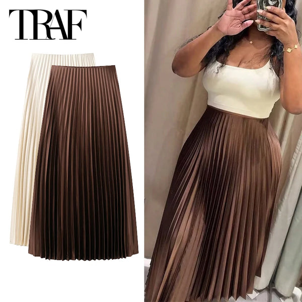 Women's Ruffle Pleated Midi Skirt - Elegant Brown Cylinder Pleat Mid-Waist High Street Fashion for All Seasons (2025 Edition)