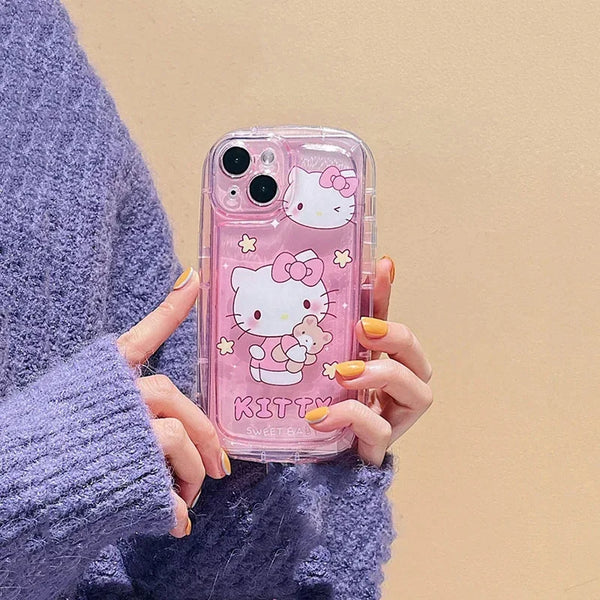 Cartoon Hello Kitty Kuromi 3D Dog Chain Phone Case For iPhone 16 15 14 Pro Max Plus 11 13 12 Mini Pro Max Clear Soft Cover