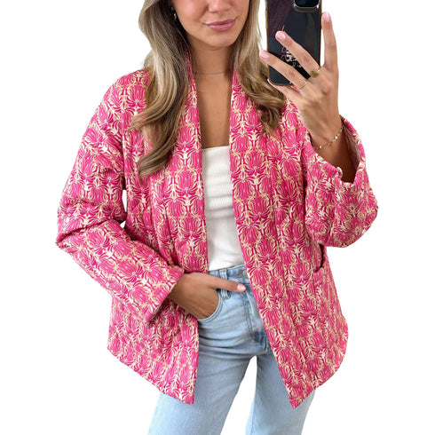 Vintage Print Women's Quilted Winter Jacket – Open Front Long Sleeve Cardigan Coat with Pockets – Casual Polyester Outerwear