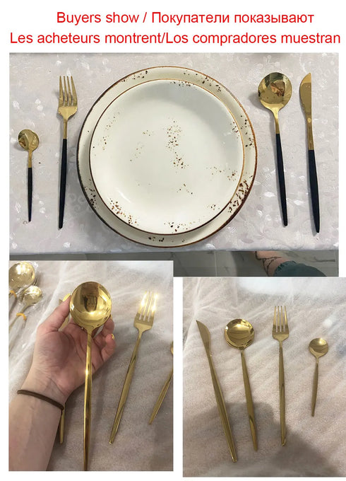 24Pcs Black Handle Gold Cutlery Set – Stainless Steel Knife Fork Spoon Flatware Dinnerware