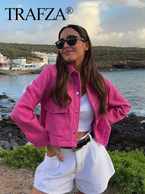 TRAFZA Women’s High Street Button-Up Jacket – Solid Color Long Sleeve Autumn Casual Outerwear with Front Pockets