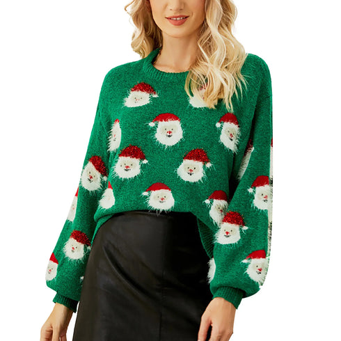 Women’s Christmas Santa Knit Sweater – Festive Long Sleeve Pullover with Furry Details