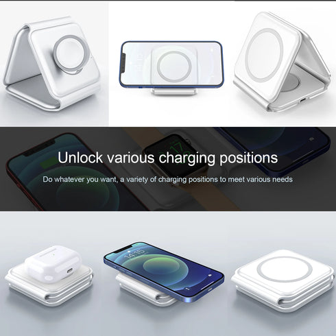 3 in 1 Foldable Magnetic Wireless Chargers-Portable Fast 15W Wireless Charger-for iPhone/Apple Watch/AirPods