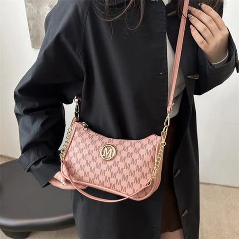 Vintage PU Leather Crossbody Handbag with Gold “M” Letter – Women’s Shoulder & Messenger Bag