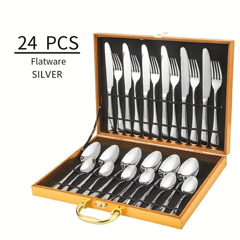 24-Piece Premium Stainless Steel Black & Gold Flatware Set – Elegant Mirror Polish Cutlery, Dishwasher Safe