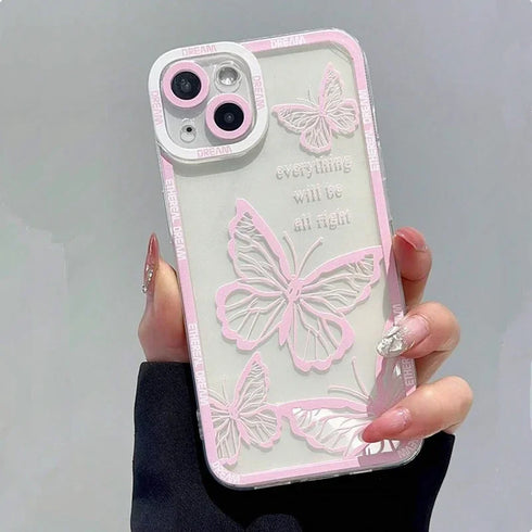 Elegant Pink Butterfly Pattern Phone Case – Soft TPU Border Cover for iPhone 15, 14, 13, 12, 11, Pro Max, XS, XR, X, SE, 8, 7