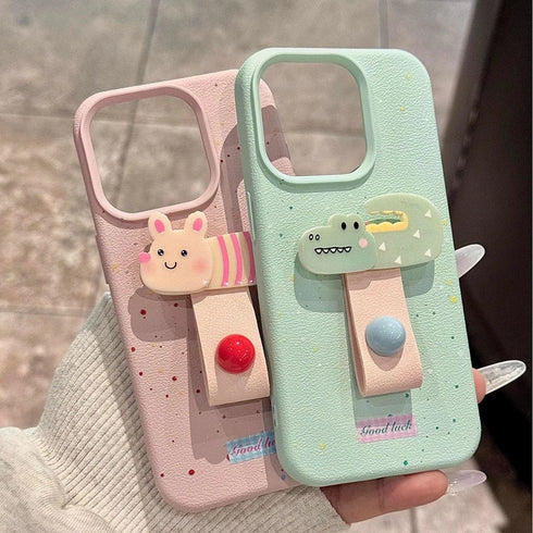 Korean Cute 3D Dog, Cat, and Rabbit Finger Ring Support Phone Case for iPhone - Full Coverage with Anti-Fingerprint & Non-Slip Features