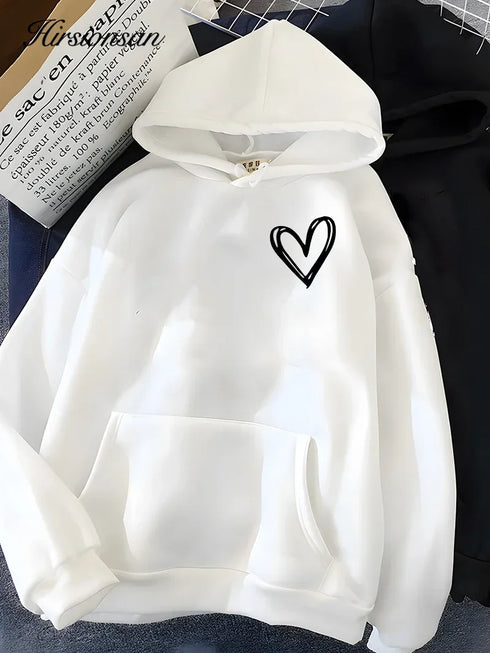 Heart Print Fleece Hoodie for Women – Casual Regular Fit Pullover with Hood